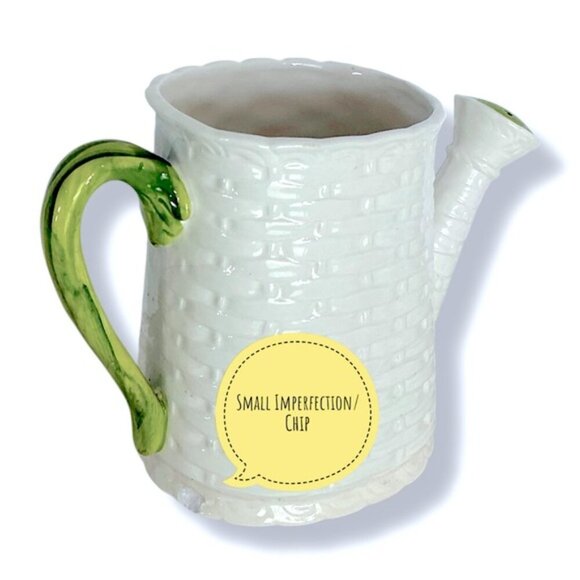 Vintage Basket Weave Ceramic Watering Can Planter Numbered Multi Use White Green - Picture 6 of 16